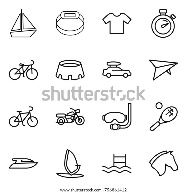 Thin line icon set :\
boat, smart bracelet, t shirt, stopwatch, bike, stadium, car\
baggage, deltaplane, motorcycle, diving mask, tennis, yacht,\
windsurfing, pool, horse