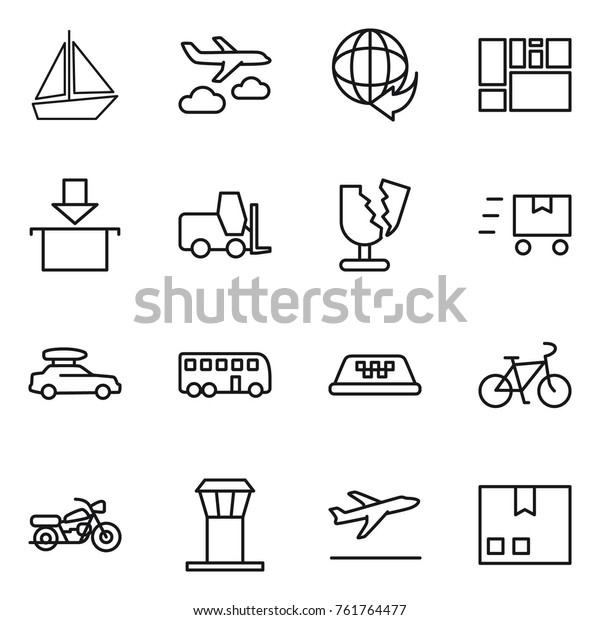 Thin line icon\
set : boat, journey, delivery, consolidated cargo, package, fork\
loader, broken, fast deliver, car baggage, bus, taxi, bike,\
motorcycle, airport tower,\
departure