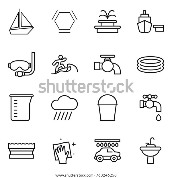 Thin line icon set\
: boat, hex molecule, fountain, port, diving mask, surfer, water\
tap, inflatable pool, measuring cup, rain cloud, bucket, sponge,\
wiping, car wash, sink