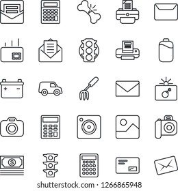 Thin Line Icon Set - bomb in case vector, mail, printer, garden fork, broken bone, cash, traffic light, camera, mobile, gallery, battery, calculator, car