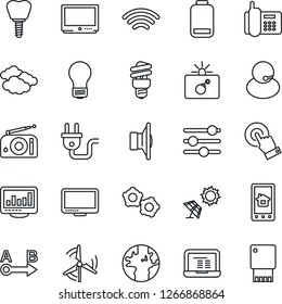 Thin Line Icon Set - bomb in case vector, clouds, gear, notebook pc, bulb, implant, earth, office phone, support, route, radio, speaker, tv, touch screen, monitor, low battery, tuning, wireless