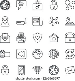 Thin Line Icon Set - bomb in case vector, lock, mobile phone, heart shield, navigation, earth, news, video camera, share, mail, rewind, wireless, update, printer, house, router, home message