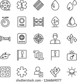 Thin Line Icon Set - bomb in case vector, passport, bed, luggage storage, contract, water drop, pills blister, ambulance star, patient, route, important flag, reel, application, target, pond