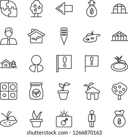 Thin Line Icon Set - bomb in case vector, left arrow, manager, seedling, plant label, greenhouse, pond, fertilizer, important flag, application, house with tree, fruit, estate agent, eco, money bag