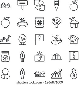 Thin Line Icon Set - bomb in case vector, manager, plant label, greenhouse, pond, fertilizer, important flag, application, point graph, house with tree, fruit, estate agent, apple, eco, money bag