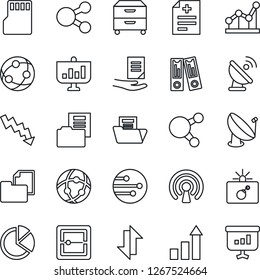 Thin Line Icon Set - bomb in case vector, growth statistic, office binder, crisis graph, document, diagnosis, folder, satellite antenna, network, share, scanner, sd, data exchange, pie, point
