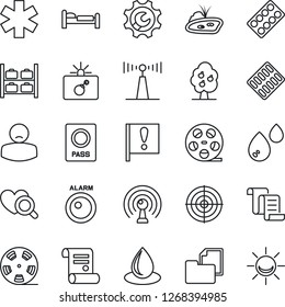 Thin Line Icon Set - bomb in case vector, passport, bed, luggage storage, contract, water drop, heart diagnostic, pills blister, ambulance star, patient, important flag, folder document, reel, pond