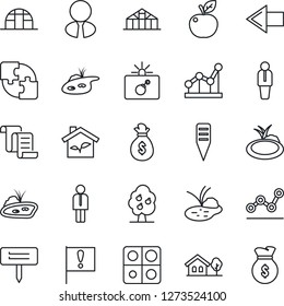 Thin Line Icon Set - bomb in case vector, left arrow, manager, contract, plant label, greenhouse, pond, important flag, application, point graph, house with tree, fruit, estate agent, apple, eco