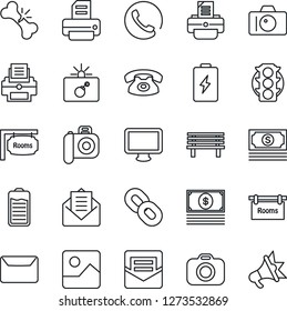 Thin Line Icon Set - bomb in case vector, camera, printer, bench, broken bone, cash, traffic light, monitor, chain, battery, mail, gallery, rooms, phone, advertising
