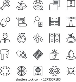 Thin Line Icon Set - bomb in case vector, passport, luggage storage, contract, water drop, pond, heart diagnostic, pills blister, ambulance star, patient, route, important flag, folder document