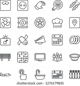 Thin Line Icon Set - bomb in case vector, plane, glove, bench, scales, satellite, oil barrel, loudspeaker, touch screen, monitor, calendar, place tag, company, estate search, bathroom, cook hat, fan
