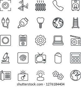 Thin Line Icon Set - bomb in case vector, gear, ladder, microscope, implant, earth, radio, speaker, rca, hdmi, call, calculator, record, fingerprint id, battery, office phone, notebook pc, windmill