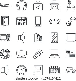 Thin Line Icon Set - bomb in case vector, plane, airport building, mobile phone, office, notebook pc, fireplace, speaker, tv, headphones, radio, camera, torch, calendar, copybook, clock, sound, door