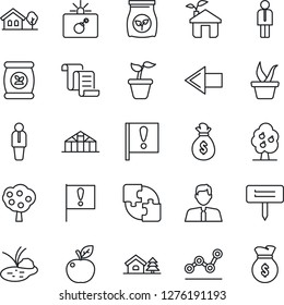Thin Line Icon Set - bomb in case vector, left arrow, manager, contract, seedling, plant label, greenhouse, pond, fertilizer, important flag, application, point graph, house with tree, fruit, apple