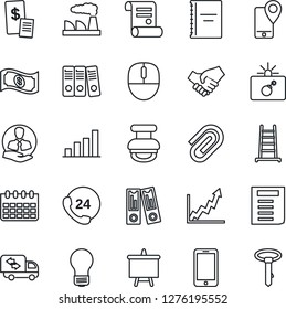 Thin Line Icon Set - bomb in case vector, mobile phone, office binder, mouse, document, presentation board, bulb, calendar, factory, contract, ladder, 24 hours, client, tracking, copybook, bar graph