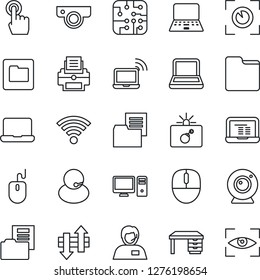 Thin Line Icon Set - bomb in case vector, wireless notebook, mouse, desk, pc, support, folder document, touch screen, data exchange, printer, chip, web camera, eye scan