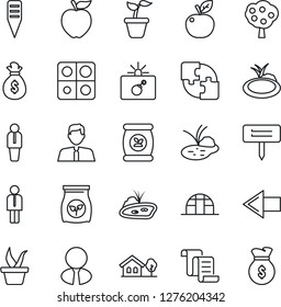 Thin Line Icon Set - bomb in case vector, left arrow, manager, contract, seedling, plant label, greenhouse, pond, fertilizer, application, house with tree, fruit, estate agent, apple, money bag