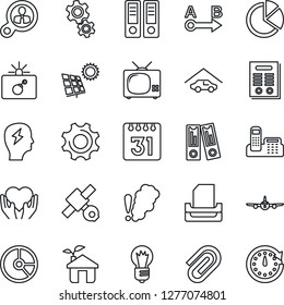 Thin Line Icon Set - bomb in case vector, plane, office binder, brainstorm, bulb, circle chart, heart hand, satellite, route, settings, calendar, paper clip, pie graph, phone, tray, contract, garage