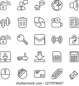 Thin Line Icon Set - bomb in case vector, speaking man, mouse, shield, mail, sim, data exchange, download, video, application, calculator, key, hot dog, wireless lock, router, sound, trash bin