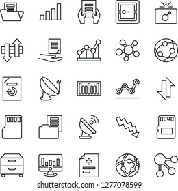 Thin Line Icon Set - bomb in case vector, crisis graph, document, statistic monitor, reload, diagnosis, barcode, satellite antenna, network, share, scanner, sd, data exchange, bar, folder, point