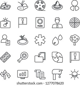Thin Line Icon Set - bomb in case vector, passport, contract, statistic monitor, pond, heart diagnostic, pills blister, ambulance star, patient, route, important flag, folder document, reel, target