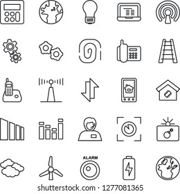 Thin Line Icon Set - bomb in case vector, clouds, gear, notebook pc, bulb, ladder, earth, office phone, support, sorting, antenna, equalizer, radio, calculator, data exchange, charge, windmill