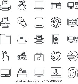Thin Line Icon Set - bomb in case vector, desk, printer, monitor pulse, virus, gamepad, tv, network, touch screen, hdmi, folder, download, document, manager, pc, home control app, fingerprint