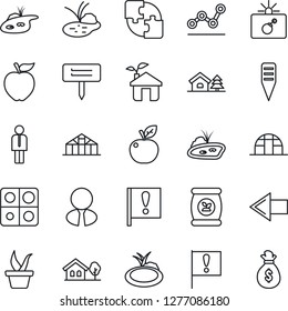 Thin Line Icon Set - bomb in case vector, left arrow, manager, seedling, plant label, greenhouse, pond, fertilizer, important flag, application, point graph, house with tree, estate agent, eco