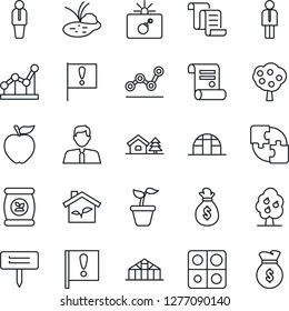 Thin Line Icon Set - bomb in case vector, manager, contract, seedling, plant label, greenhouse, pond, fertilizer, important flag, application, point graph, house with tree, fruit, estate agent, eco