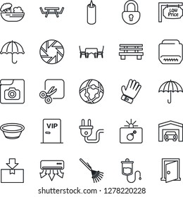 Thin Line Icon Set - bomb in case vector, rake, glove, bench, picnic table, dropper, umbrella, package, hdmi, mobile camera, network, cut, lock, photo gallery, garage, low price signboard, salad
