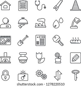 Thin Line Icon Set - bomb in case vector, border cone, factory, shovel, saw, stethoscope, medical calendar, clipboard, tulip, notes, data exchange, lock, support, desk lamp, stamp, house, key, bread