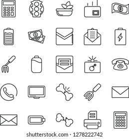 Thin Line Icon Set - bomb in case vector, mail, printer, garden fork, broken bone, cash, traffic light, monitor, battery, calculator, phone, salad