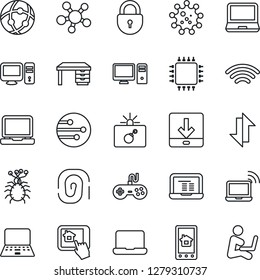 Thin Line Icon Set - bomb in case vector, wireless notebook, lock, desk, pc, virus, gamepad, laptop, share, network, data exchange, download, chip, home control app, fingerprint, man with
