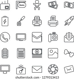 Thin Line Icon Set - bomb in case vector, baby, mail, printer, garden fork, broken bone, cash, camera, monitor, battery, mobile, gallery, rooms, phone, rocket, calculator