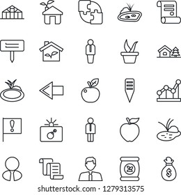 Thin Line Icon Set - bomb in case vector, left arrow, manager, contract, seedling, plant label, greenhouse, pond, fertilizer, important flag, application, point graph, house with tree, estate agent