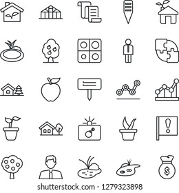 Thin Line Icon Set - bomb in case vector, manager, contract, seedling, plant label, greenhouse, pond, important flag, application, point graph, house with tree, fruit, estate agent, apple, eco