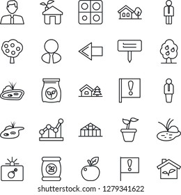 Thin Line Icon Set - bomb in case vector, left arrow, manager, seedling, plant label, greenhouse, pond, fertilizer, important flag, application, point graph, house with tree, fruit, estate agent