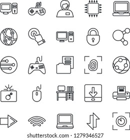Thin Line Icon Set - bomb in case vector, right arrow, lock, mouse, desk, support, gamepad, network, touch screen, laptop pc, share, data exchange, download, wireless, document folder, printer, chip