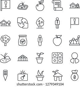 Thin Line Icon Set - bomb in case vector, manager, contract, seedling, plant label, greenhouse, pond, fertilizer, important flag, application, point graph, house with tree, fruit, estate agent, eco