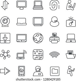 Thin Line Icon Set - bomb in case vector, wireless notebook, right arrow, pc, printer, support, tv, network, monitor, share, folder, data exchange, download, document, chip, web camera, fingerprint