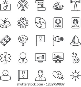 Thin Line Icon Set - bomb in case vector, passport, wind, statistic monitor, contract, water drop, pond, heart diagnostic, pills blister, ambulance star, patient, important flag, antenna, root setup