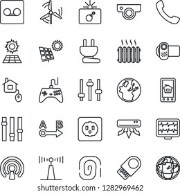 Thin Line Icon Set - bomb in case vector, monitor pulse, route, antenna, gamepad, settings, video camera, call, tuning, record, sun panel, windmill, heater, air conditioner, home control, socket