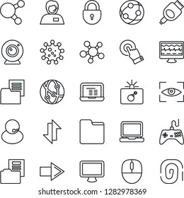 Thin Line Icon Set - bomb in case vector, right arrow, lock, mouse, notebook pc, monitor pulse, virus, support, folder document, gamepad, network, touch screen, laptop, share, hdmi, data exchange