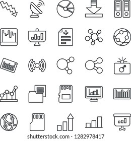 Thin Line Icon Set - bomb in case vector, growth statistic, office binder, crisis graph, diagnosis, folder document, barcode, satellite antenna, network, share, scanner, sd, download, bar, pie