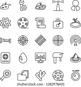 Thin Line Icon Set - bomb in case vector, passport, bed, statistic monitor, contract, water drop, pond, heart diagnostic, pills blister, route, folder document, reel, antenna, root setup, target