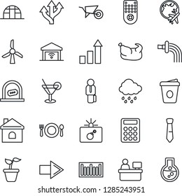 Thin Line Icon Set - bomb in case vector, ticket office, right arrow, plane globe, growth statistic, coffee, manager place, seedling, wheelbarrow, watering, house, rain, greenhouse, route, barcode
