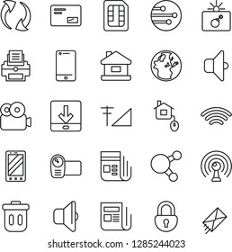 Thin Line Icon Set - bomb in case vector, mobile phone, antenna, news, video camera, cell, share, mail, update, sim, network, download, wireless, lock, cellular signal, printer, house, home control