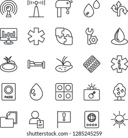 Thin Line Icon Set - bomb in case vector, passport, bed, statistic monitor, water drop, pond, pills blister, ambulance star, patient, route, important flag, folder document, antenna, application