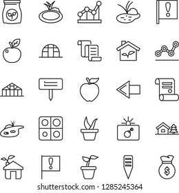 Thin Line Icon Set - bomb in case vector, left arrow, contract, seedling, plant label, greenhouse, pond, fertilizer, important flag, application, point graph, house with tree, apple fruit, eco