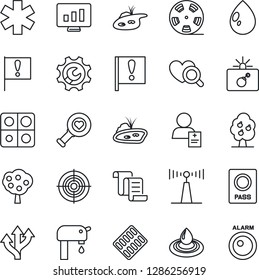 Thin Line Icon Set - bomb in case vector, passport, contract, statistic monitor, water drop, heart diagnostic, pills blister, ambulance star, patient, route, important flag, reel, antenna, target
